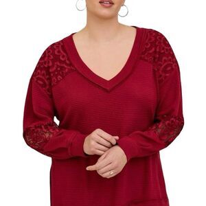 Torrid Waffle V-neck Lace Inset Pullover Sweatshirt Rhubarb Sz 4